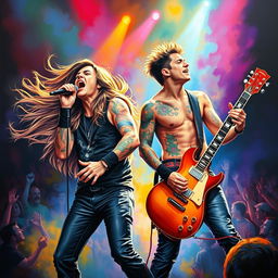 A dynamic painting of a singer and guitarist performing on stage, surrounded by vibrant colors
