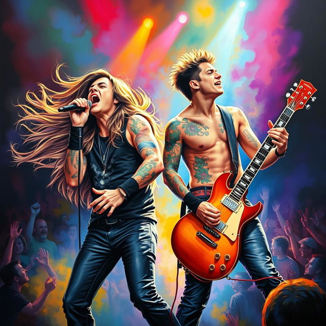 A dynamic painting of a singer and guitarist performing on stage, surrounded by vibrant colors