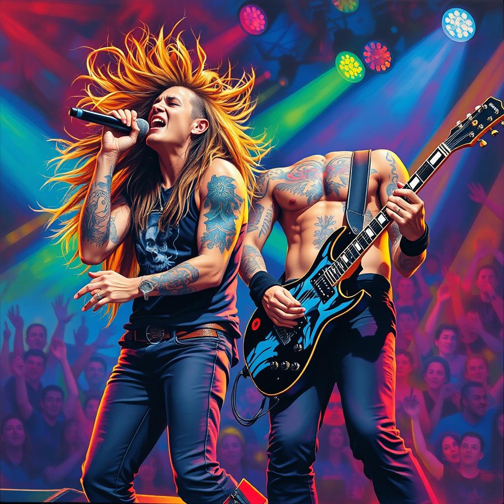 A dynamic painting of a singer and guitarist performing on stage, surrounded by vibrant colors