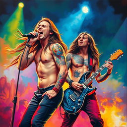 A dynamic painting of a singer and guitarist performing on stage, surrounded by vibrant colors