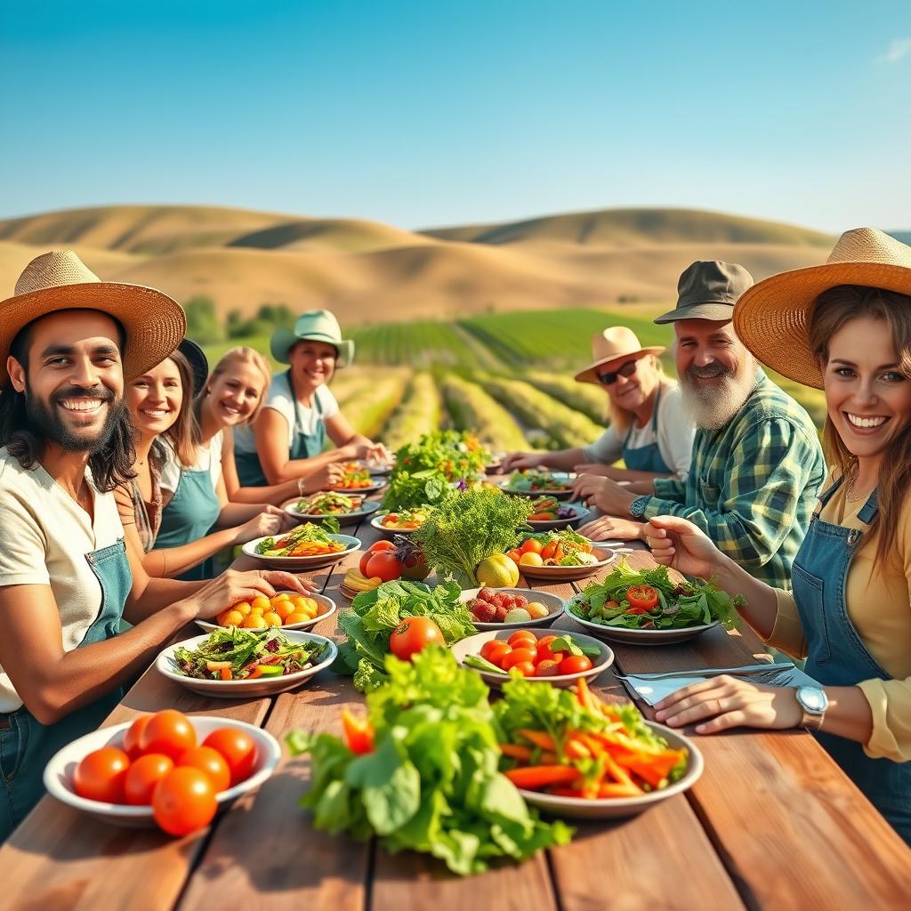 A vibrant poster depicting a diverse group of farmers joyfully gathering at a long wooden table set in a sunny, lush farm setting