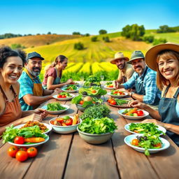 A vibrant poster depicting a diverse group of farmers joyfully gathering at a long wooden table set in a sunny, lush farm setting