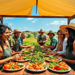 A vibrant poster depicting a diverse group of farmers joyfully gathering at a long wooden table set in a sunny, lush farm setting