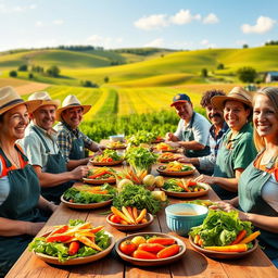 A vibrant poster depicting a diverse group of farmers joyfully gathering at a long wooden table set in a sunny, lush farm setting