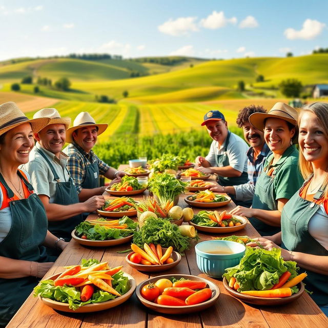 A vibrant poster depicting a diverse group of farmers joyfully gathering at a long wooden table set in a sunny, lush farm setting