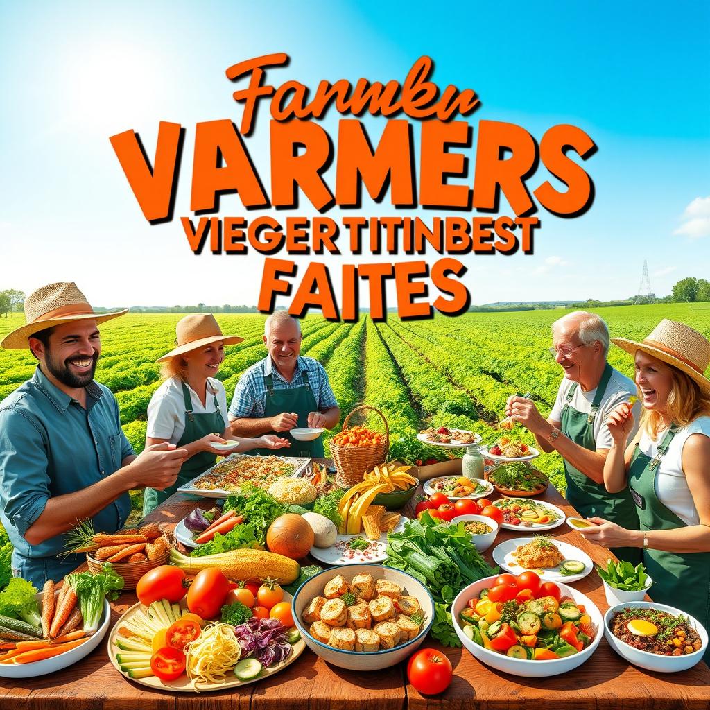 A vibrant and colorful poster featuring farmers gathered around a large picnic table filled with an assortment of innovative vegetable dishes