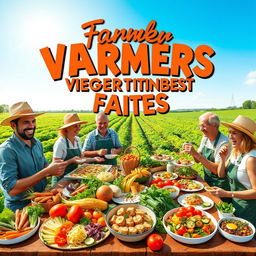 A vibrant and colorful poster featuring farmers gathered around a large picnic table filled with an assortment of innovative vegetable dishes