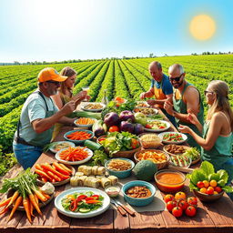 A vibrant and colorful poster featuring farmers gathered around a large picnic table filled with an assortment of innovative vegetable dishes