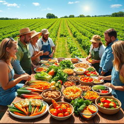 A vibrant and colorful poster featuring farmers gathered around a large picnic table filled with an assortment of innovative vegetable dishes