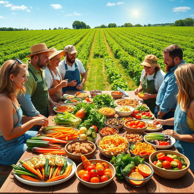 A vibrant and colorful poster featuring farmers gathered around a large picnic table filled with an assortment of innovative vegetable dishes