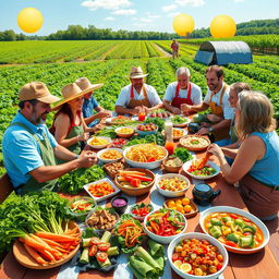 A vibrant and colorful poster featuring farmers gathered around a large picnic table filled with an assortment of innovative vegetable dishes