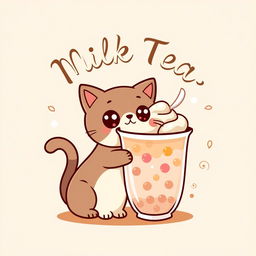 A playful and inviting logo design for a milk tea brand featuring a cute cat