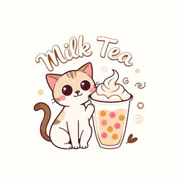 A playful and inviting logo design for a milk tea brand featuring a cute cat