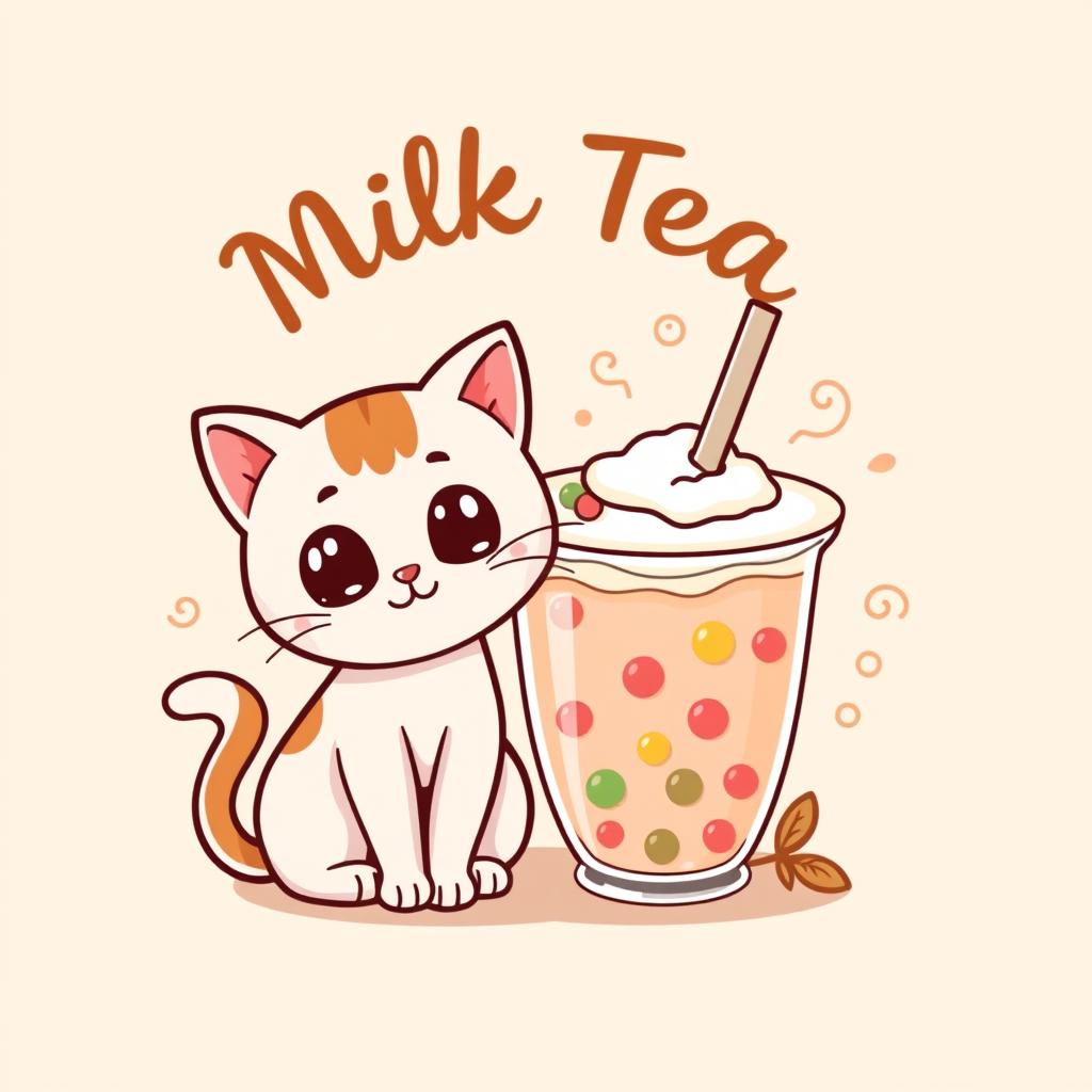 A playful and inviting logo design for a milk tea brand featuring a cute cat