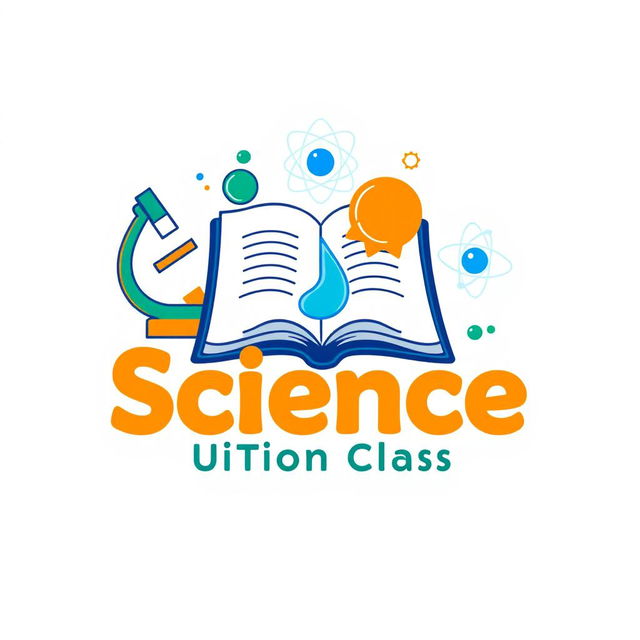 An attractive logo design for a science tuition class, featuring elements like an open book, a microscope, and an atom symbol