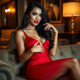 A glamorous and attractive call girl, exuding confidence and allure, wearing a stunning, form-fitting red dress that highlights her curves