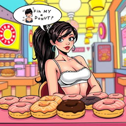 A comic book-style illustration of a sexy, beautiful, innocent-looking thin girl sitting at a table