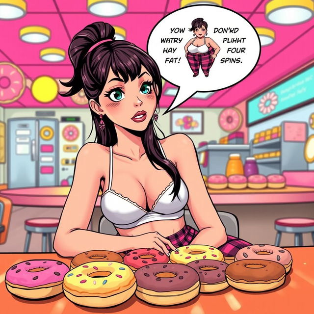 A comic book-style illustration of a sexy, beautiful, innocent-looking thin girl sitting at a table