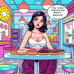 A comic book-style illustration of a sexy, beautiful, innocent-looking thin girl sitting at a table