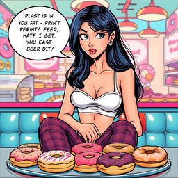 A comic book-style illustration of a sexy, beautiful, innocent-looking thin girl sitting at a table