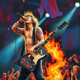 A talented singer and guitarist passionately performing on stage, with vibrant flames and flowing water designs tattooed on their arms, capturing the essence of their powerful rock music