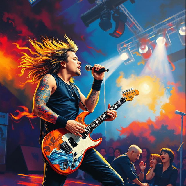 A talented singer and guitarist passionately performing on stage, with vibrant flames and flowing water designs tattooed on their arms, capturing the essence of their powerful rock music