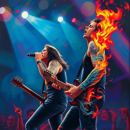 A talented singer and guitarist passionately performing on stage, with vibrant flames and flowing water designs tattooed on their arms, capturing the essence of their powerful rock music
