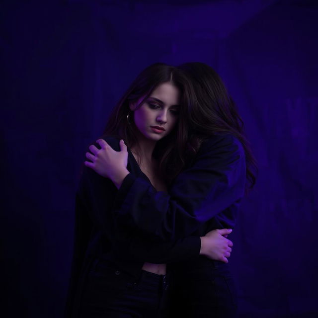 A melancholic scene featuring a lesbian couple embracing, set in a dark, moody atmosphere