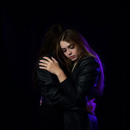 A melancholic scene featuring a lesbian couple embracing, set in a dark, moody atmosphere