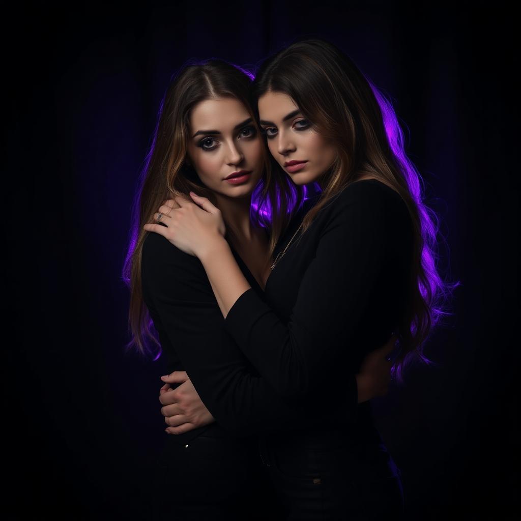 A melancholic scene featuring a lesbian couple embracing, set in a dark, moody atmosphere