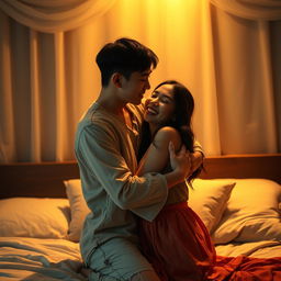 A romantic scene in a bedroom at night featuring a young Chinese man in torn clothes tenderly hugging and kissing his beautiful wife