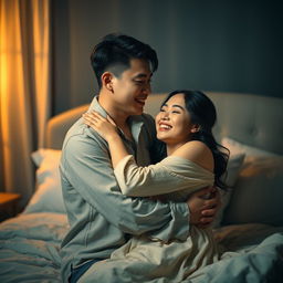 A romantic scene in a bedroom at night featuring a young Chinese man in torn clothes tenderly hugging and kissing his beautiful wife