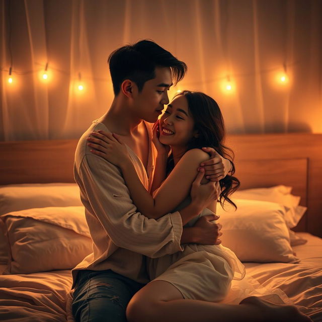 A romantic scene in a bedroom at night featuring a young Chinese man in torn clothes tenderly hugging and kissing his beautiful wife