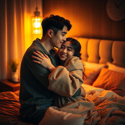 A romantic scene in a bedroom at night featuring a young Chinese man in torn clothes tenderly hugging and kissing his beautiful wife