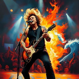A powerful singer and guitarist on stage, passionately performing amidst dynamic visuals of fire and water tattoos adorning their arms