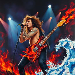 A powerful singer and guitarist on stage, passionately performing amidst dynamic visuals of fire and water tattoos adorning their arms