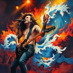 A powerful singer and guitarist on stage, passionately performing amidst dynamic visuals of fire and water tattoos adorning their arms