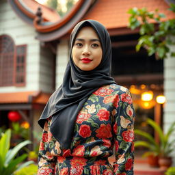 A beautiful woman in a traditional Betawi outfit, featuring a hijab that elegantly covers her chest