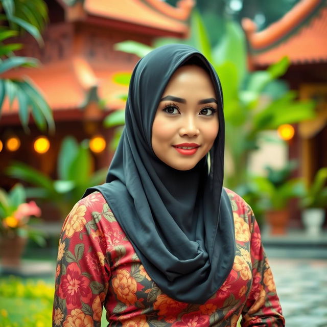 A beautiful woman in a traditional Betawi outfit, featuring a hijab that elegantly covers her chest