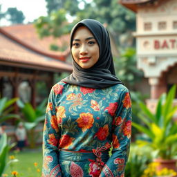 A beautiful woman in a traditional Betawi outfit, featuring a hijab that elegantly covers her chest