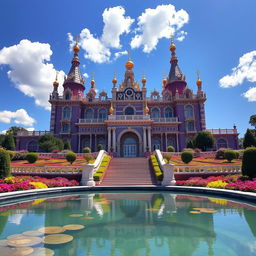 A majestic purple palace set against a backdrop of a clear blue sky