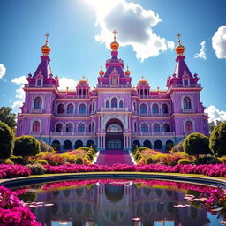 A majestic purple palace set against a backdrop of a clear blue sky