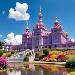 A majestic purple palace set against a backdrop of a clear blue sky