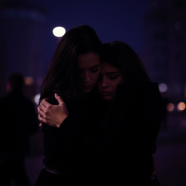 A poignant scene featuring a sad lesbian couple, both women embracing each other with a somber expression