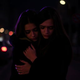 A poignant scene featuring a sad lesbian couple, both women embracing each other with a somber expression