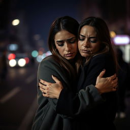 A poignant scene featuring a sad lesbian couple, both women embracing each other with a somber expression