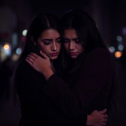 A poignant scene featuring a sad lesbian couple, both women embracing each other with a somber expression