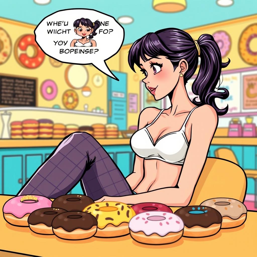 A comic book-style illustration of a sexy, beautiful, innocent-looking thin girl sitting at a table