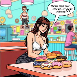 A comic book-style illustration of a sexy, beautiful, innocent-looking thin girl sitting at a table