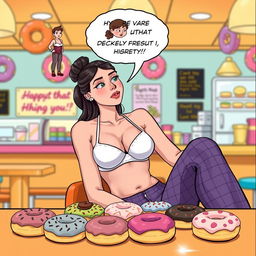 A comic book-style illustration of a sexy, beautiful, innocent-looking thin girl sitting at a table